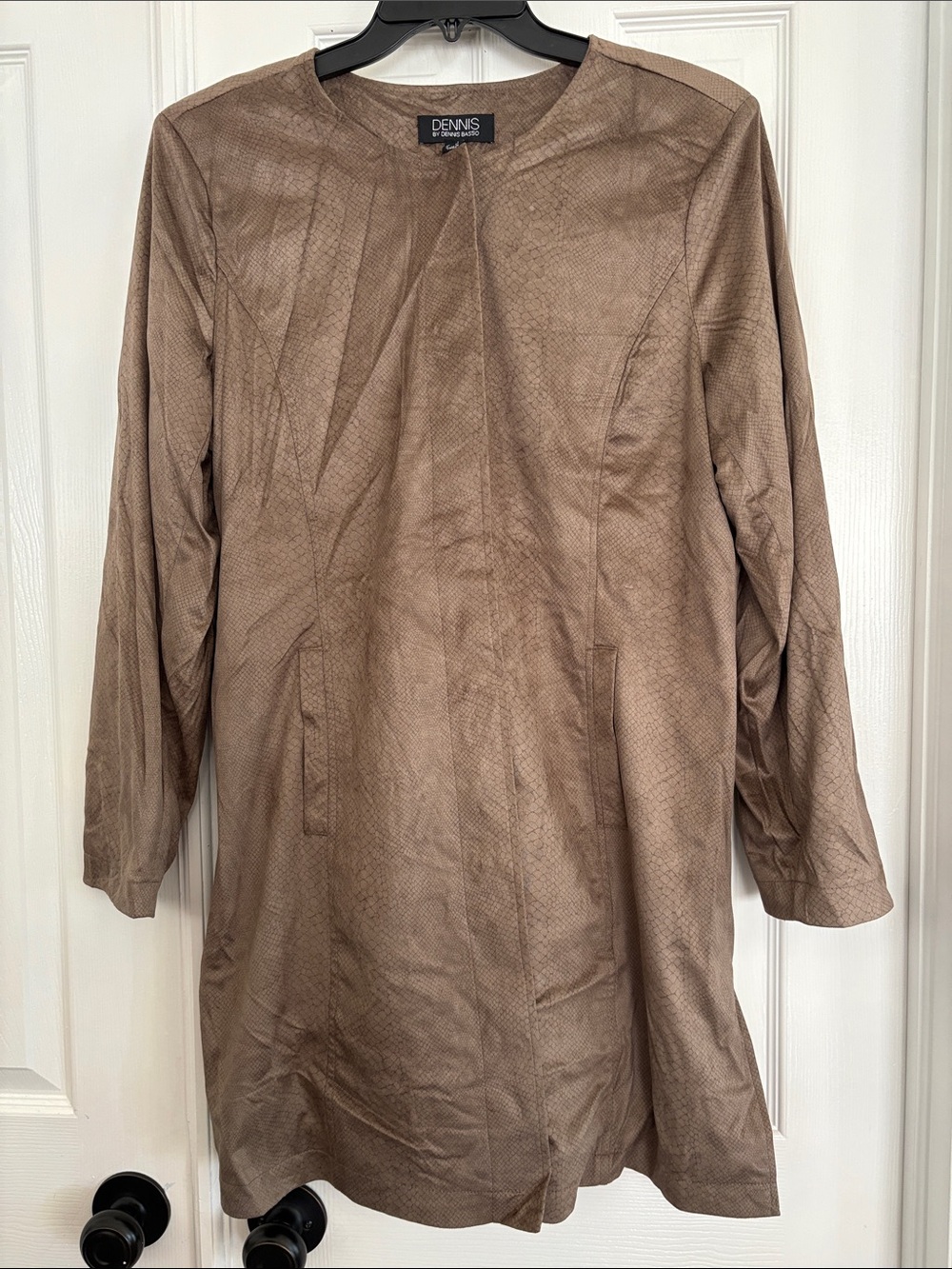 Dennis Basso Brown Faux Suede Long Coat with pockets reptile print Size Large